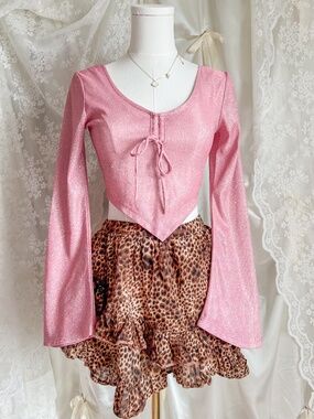 Sugar Thrillz Pink Glitter Tie Front Top Y2K Fairycore Bell Sleeve